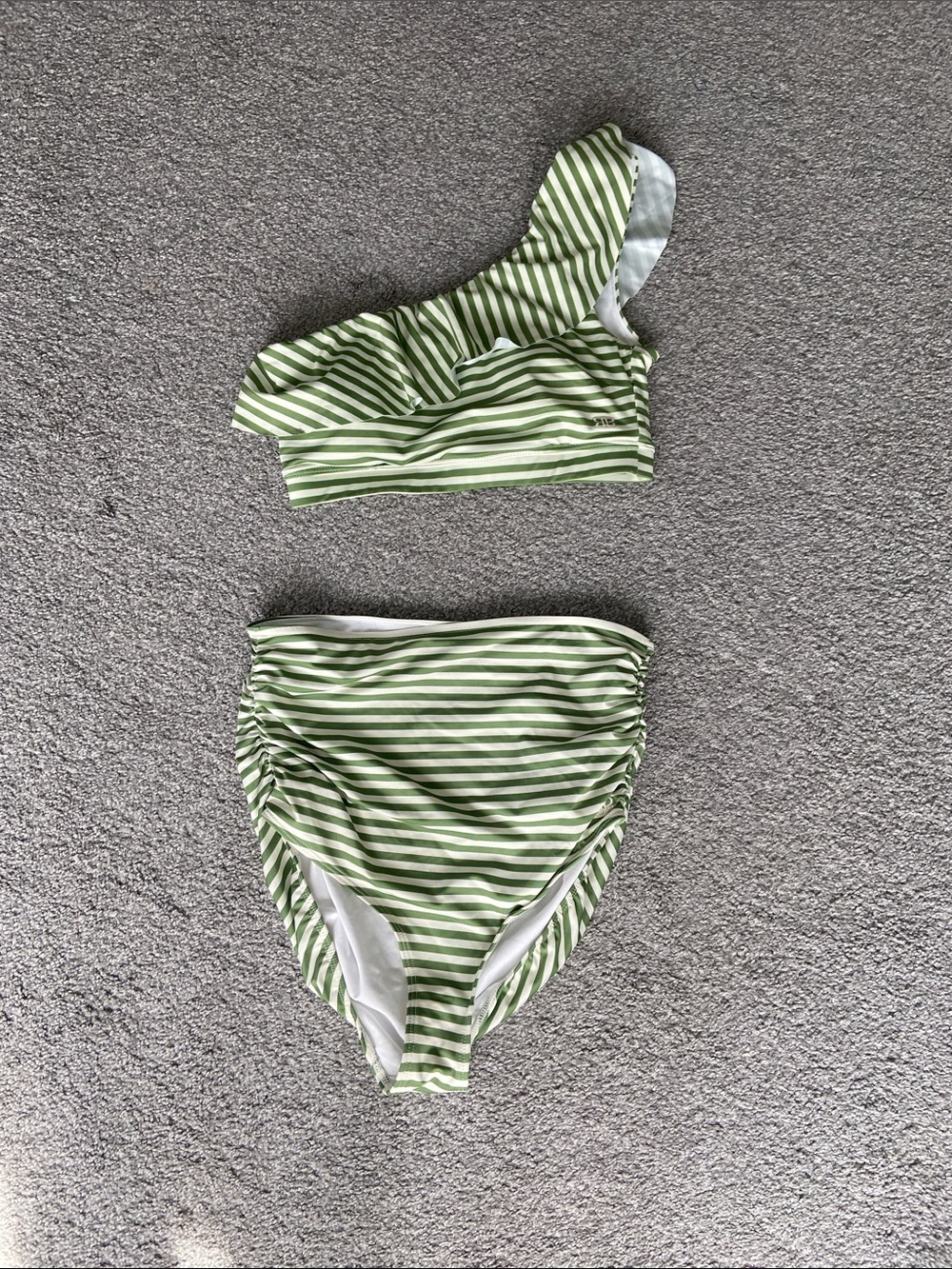 Women's Green Striped One-Shoulder Swim Set small top medium bottoms